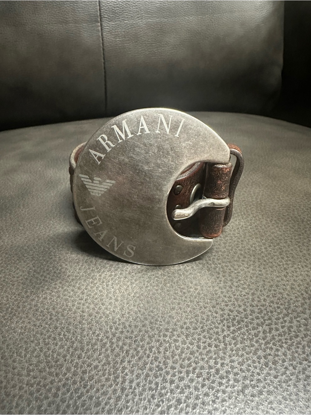 Armani Jeans Distressed Leather Belt with Large Silver Branded Buckle